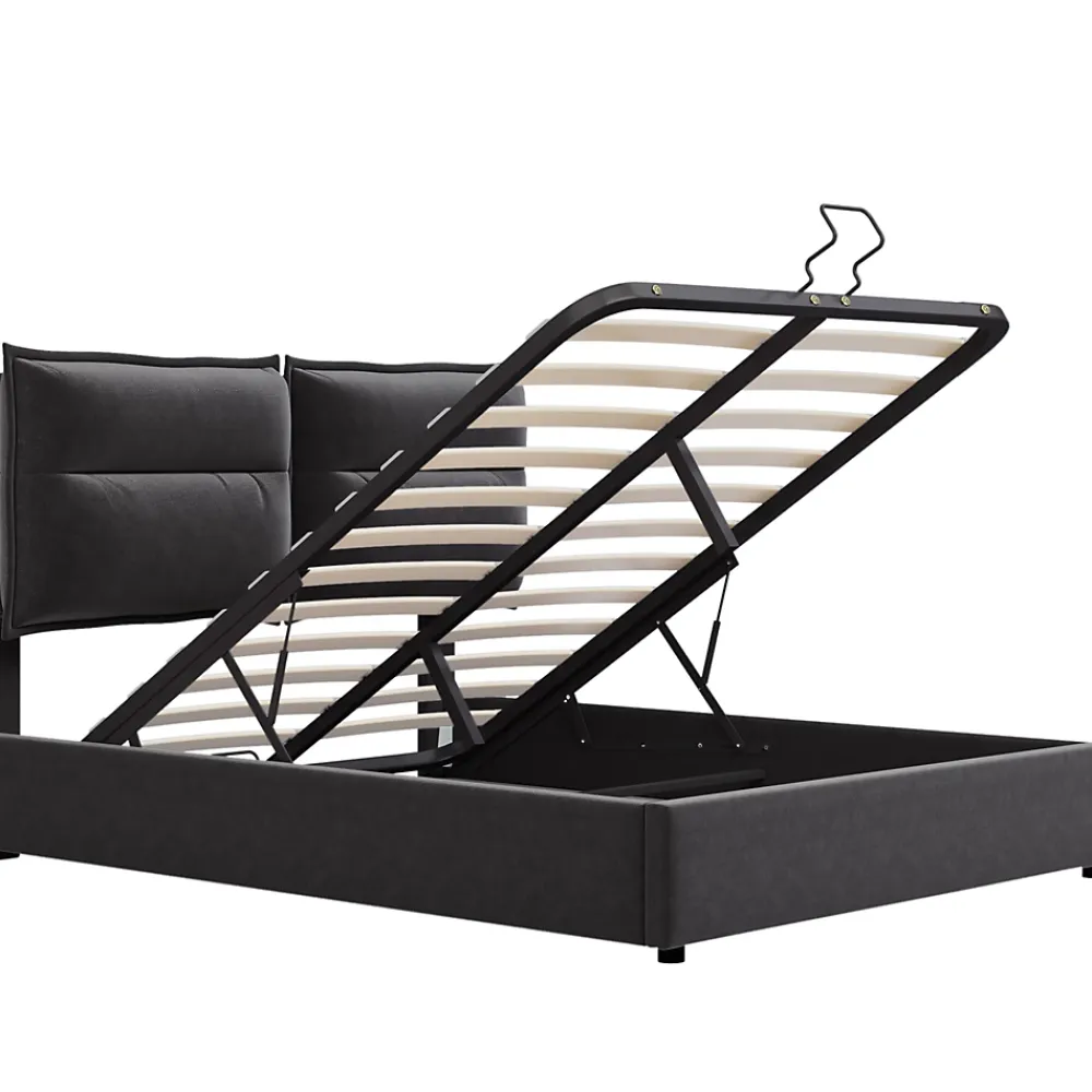 Okwish Lit Coffre 140x200 cm avec Rangement, Lit Double Adulte avec Tête Réglable et Sommier en Velours - Noir, Sans Matelas* Lit Coffre
