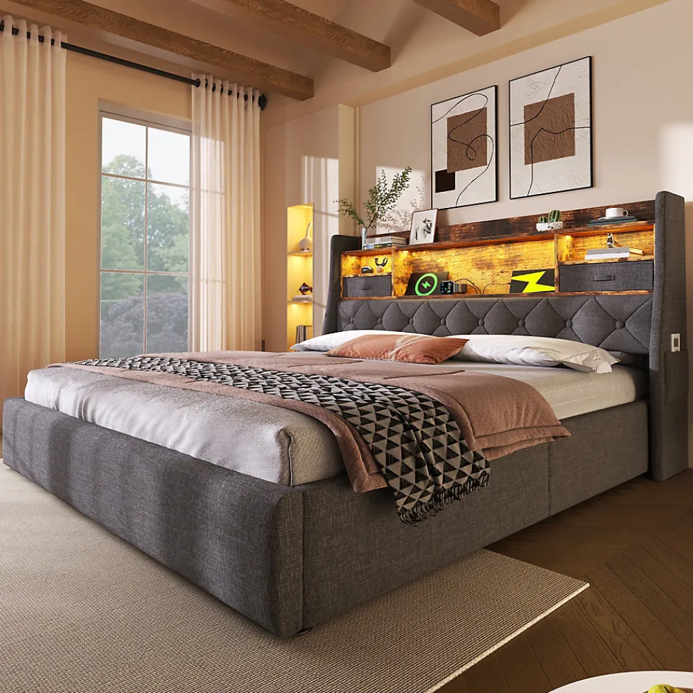 Lit coffre 140x200 cm avec rangement et tête de lit LED, ports USB et Type-C intégrés - lit double capitonné gris>Okwish Hot