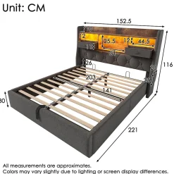 Lit coffre 140x200 cm avec rangement et tête de lit LED, ports USB et Type-C intégrés - lit double capitonné gris><noscript><img width=