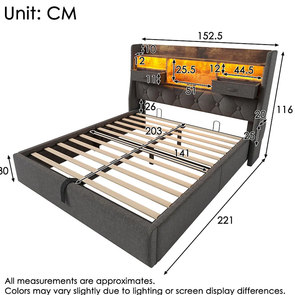 Lit coffre 140x200 cm avec rangement et tête de lit LED, ports USB et Type-C intégrés - lit double capitonné gris>Okwish Hot