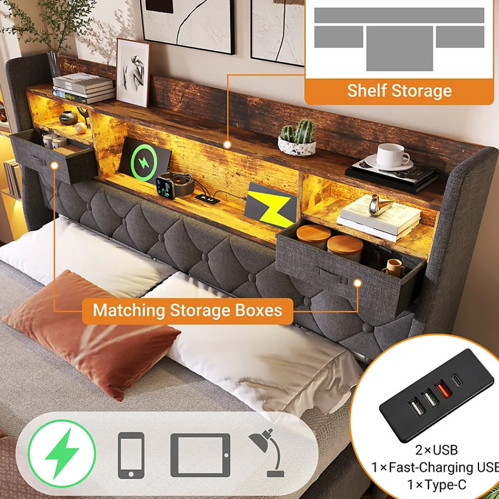 Lit coffre 140x200 cm avec rangement et tête de lit LED, ports USB et Type-C intégrés - lit double capitonné gris>Okwish Hot