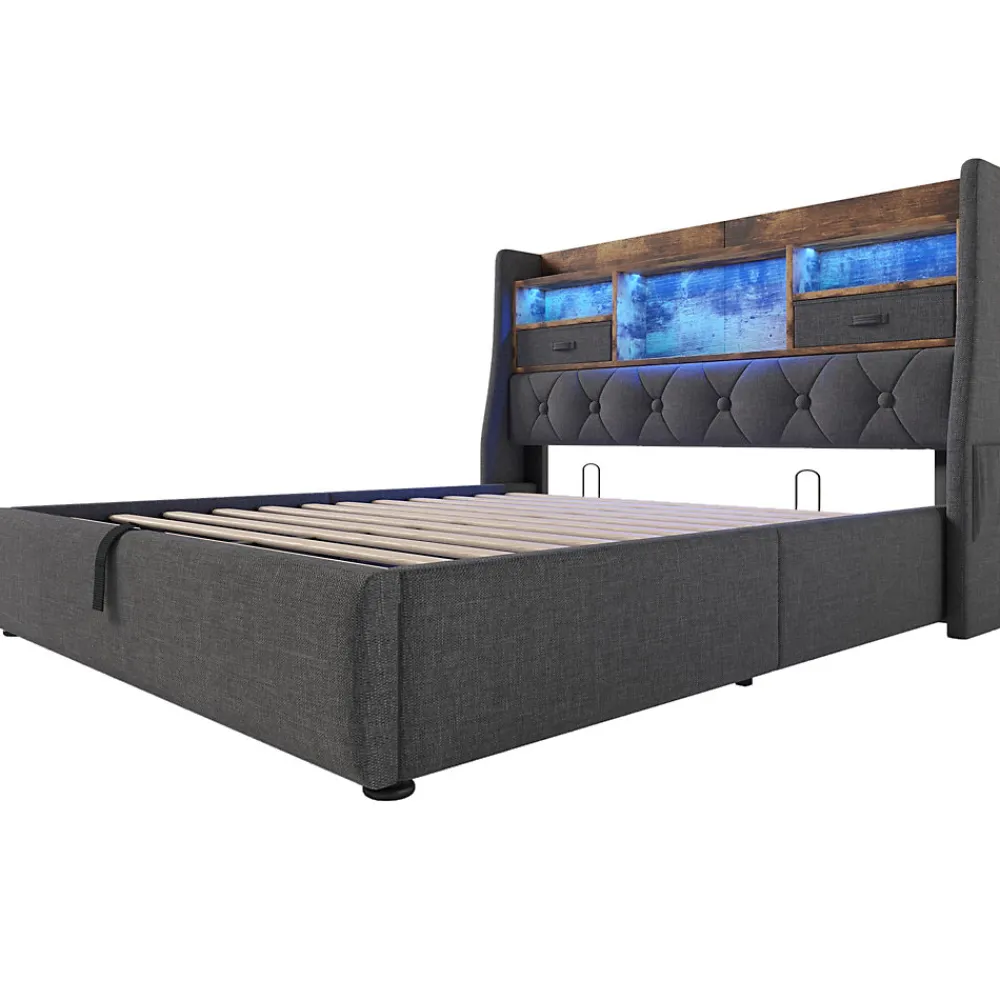 Lit coffre 140x200 cm avec rangement et tête de lit LED, ports USB et Type-C intégrés - lit double capitonné gris>Okwish Hot