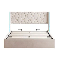 Fortuna lai Lit Coffre 160x200 cm avec Rangement et LED,Cadre de lit avec sommier à Lattes,Velours,Beige* Lit Coffre