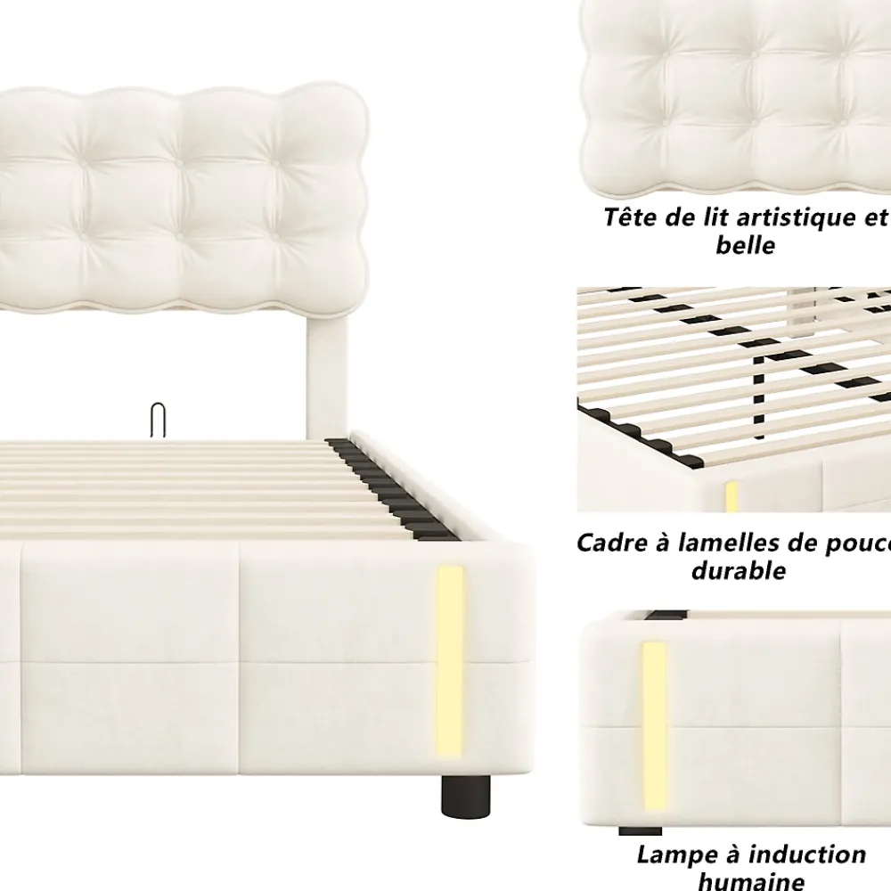 Simple Life Lit coffre 140x200 cm avec rangement, capitonné velours beige, sommier LED, lattes* Lit Coffre
