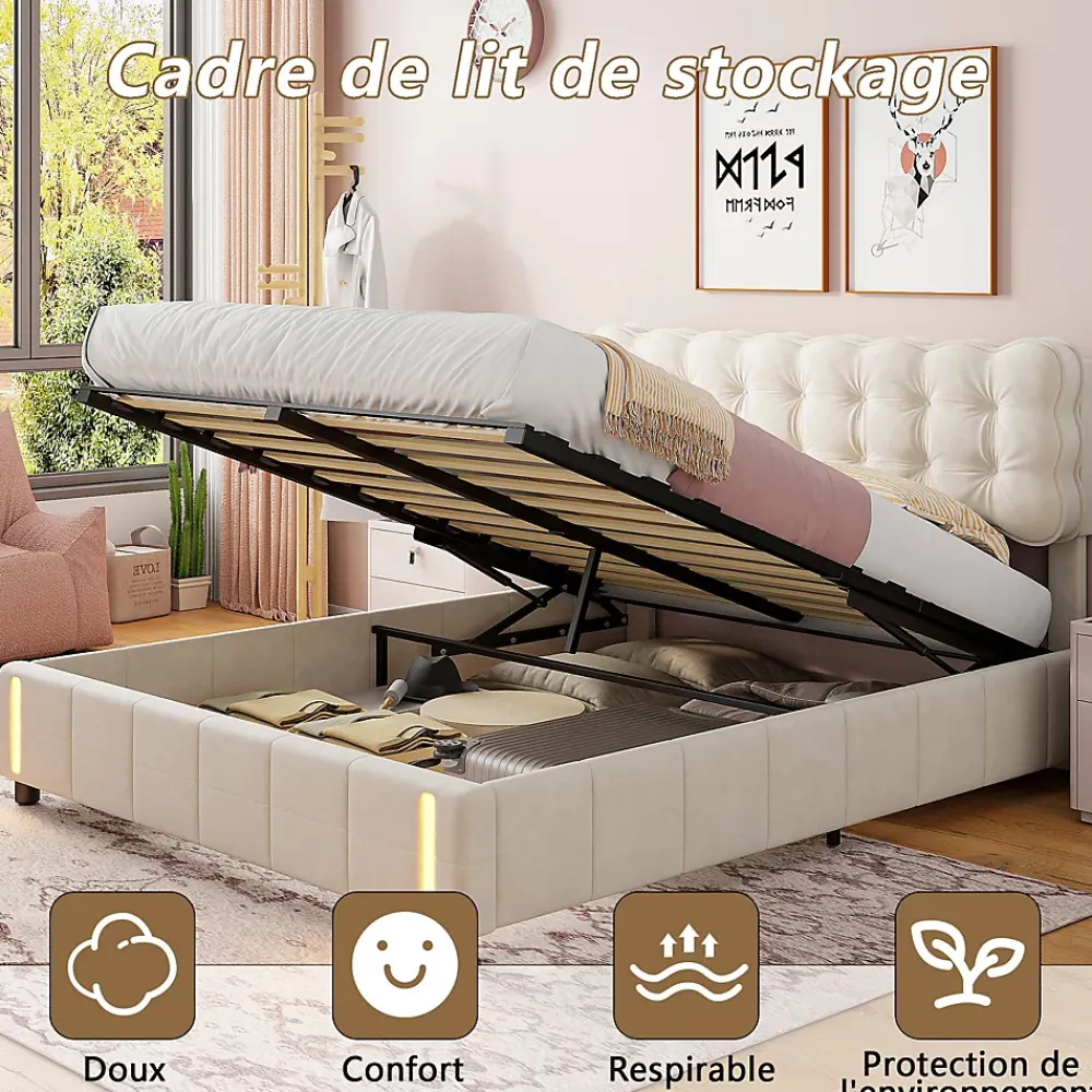 Simple Life Lit coffre 140x200 cm avec rangement, capitonné velours beige, sommier LED, lattes* Lit Coffre