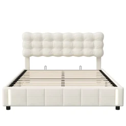 Simple Life Lit coffre 140x200 cm avec rangement, capitonné velours beige, sommier LED, lattes* Lit Coffre