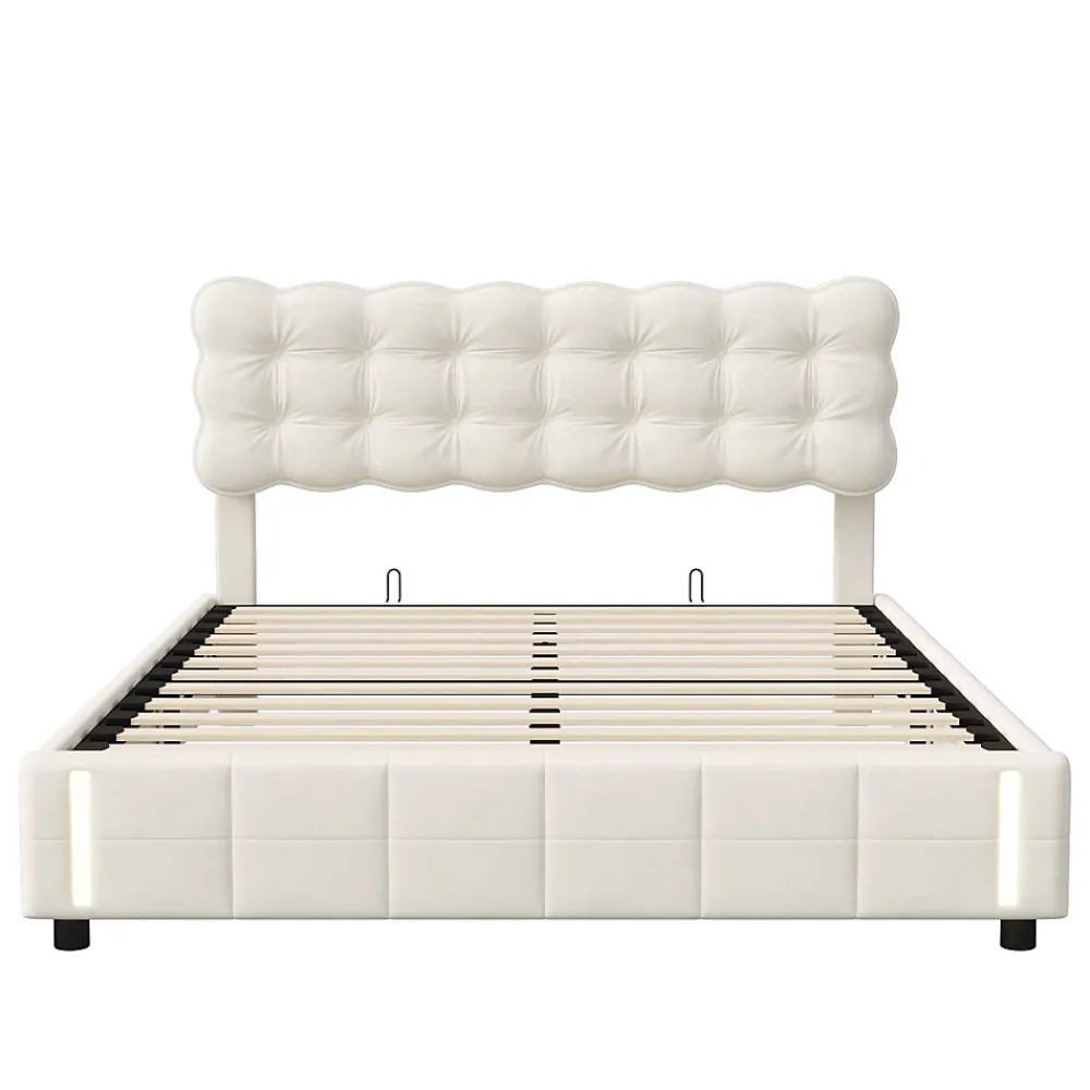 Simple Life Lit coffre 140x200 cm avec rangement, capitonné velours beige, sommier LED, lattes* Lit Coffre
