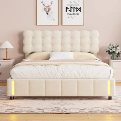 Simple Life Lit coffre 140x200 cm avec rangement, capitonné velours beige, sommier LED, lattes* Lit Coffre