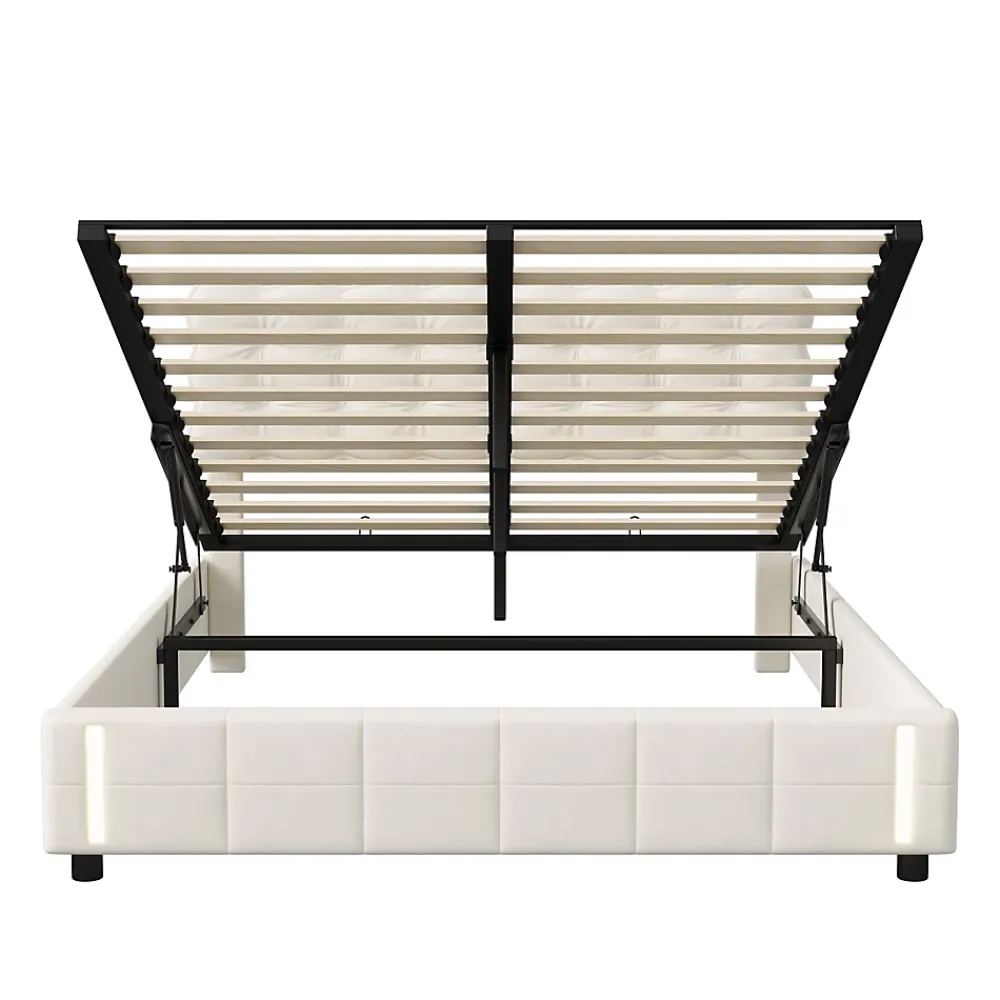 Simple Life Lit coffre 140x200 cm avec rangement, capitonné velours beige, sommier LED, lattes* Lit Coffre