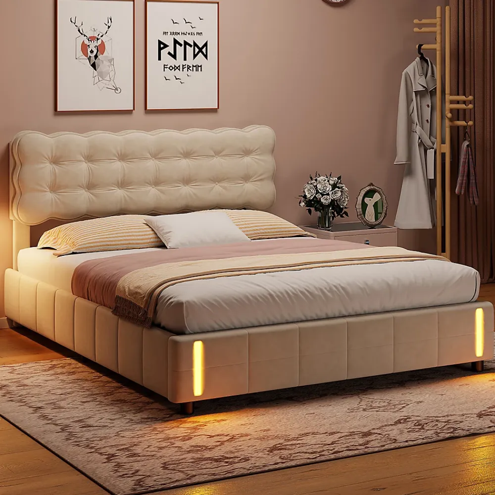 Simple Life Lit coffre 140x200 cm avec rangement, capitonné velours beige, sommier LED, lattes* Lit Coffre