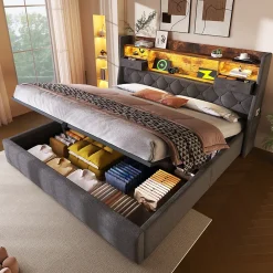 Lit coffre 180x200 cm avec rangement et tête de lit LED, ports USB et Type-C intégrés - lit double capitonné gris>Okwish