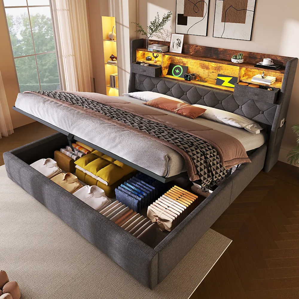 Lit coffre 180x200 cm avec rangement et tête de lit LED, ports USB et Type-C intégrés - lit double capitonné gris>Okwish