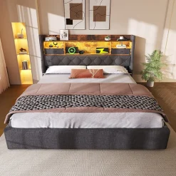 Lit coffre 180x200 cm avec rangement et tête de lit LED, ports USB et Type-C intégrés - lit double capitonné gris>Okwish