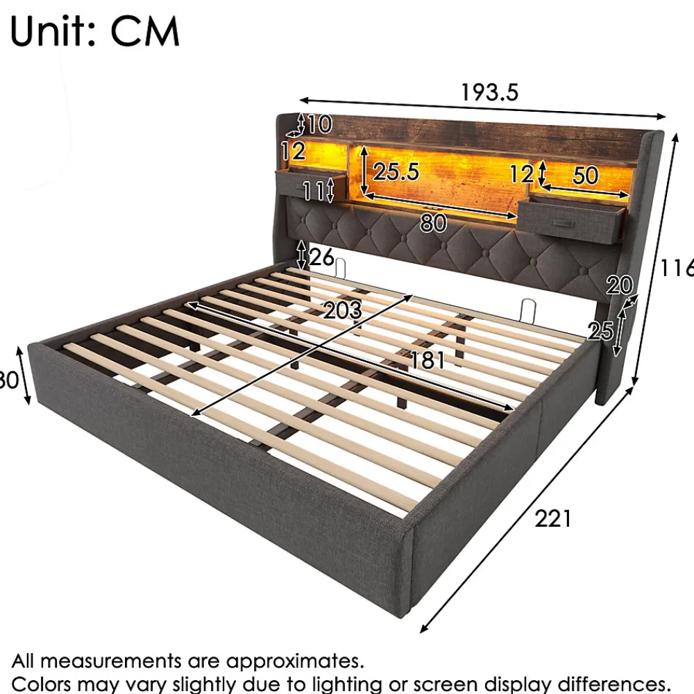 Lit coffre 180x200 cm avec rangement et tête de lit LED, ports USB et Type-C intégrés - lit double capitonné gris>Okwish