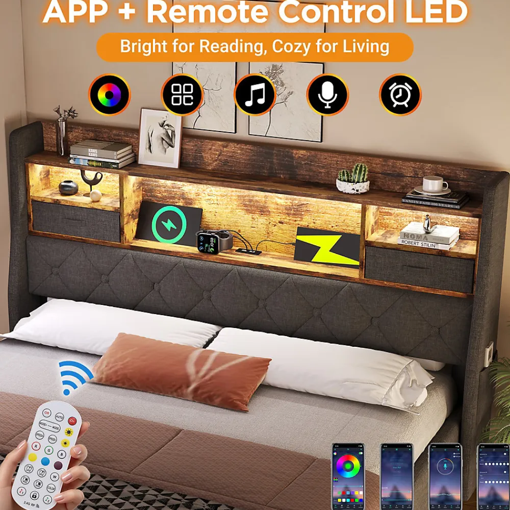 Lit coffre 180x200 cm avec rangement et tête de lit LED, ports USB et Type-C intégrés - lit double capitonné gris>Okwish