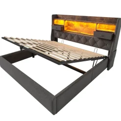 Lit coffre 180x200 cm avec rangement et tête de lit LED, ports USB et Type-C intégrés - lit double capitonné gris><noscript><img width=