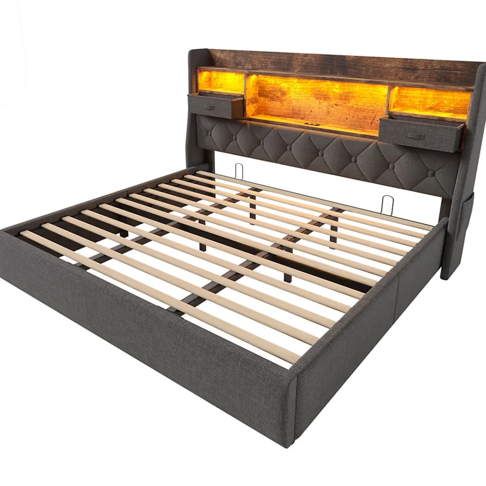 Lit coffre 180x200 cm avec rangement et tête de lit LED, ports USB et Type-C intégrés - lit double capitonné gris>Okwish