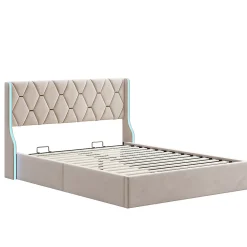 Lit Coffre 160x200 Cm Avec Rangement Et LED,cadre De Lit Avec Sommier à Lattes,velours,beige>Simple Life