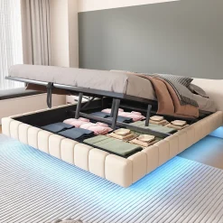 Lit Coffre 180x200 cm avec Sommier Relevable - Lit Double avec Rangement et Bande LED Intégrée - Tissu Beige - Sans Matelas>Okwish Online