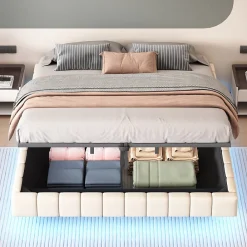 Lit Coffre 180x200 cm avec Sommier Relevable - Lit Double avec Rangement et Bande LED Intégrée - Tissu Beige - Sans Matelas>Okwish Online