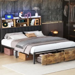 Lit Coffre 160x200 cm avec sommier à lattes, LED, 2 tiroirs, tête de lit capitonnée en PU, cadre métallique robuste>ProximaX Sale