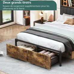 Lit Coffre 160x200 cm avec sommier à lattes, LED, 2 tiroirs, tête de lit capitonnée en PU, cadre métallique robuste><noscript><img width=