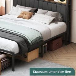 Lit Coffre 160x200 cm avec sommier à lattes, LED, 2 tiroirs, tête de lit capitonnée en PU, cadre métallique robuste><noscript><img width=