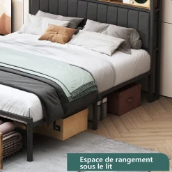 Lit Coffre 160x200 cm avec sommier à lattes, LED, 2 tiroirs, tête de lit capitonnée en PU, cadre métallique robuste><noscript><img width=