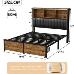 Lit Coffre 160x200 cm avec sommier à lattes, LED, 2 tiroirs, tête de lit capitonnée en PU, cadre métallique robuste><noscript><img width=