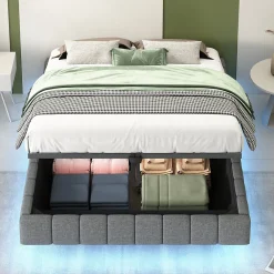 Lit Coffre 140x200 cm avec Sommier Relevable - Lit Double avec Rangement et Bande LED Intégrée - Tissu Gris - Sans Matelas>Okwish Outlet