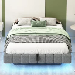 Lit Coffre 140x200 cm avec Sommier Relevable - Lit Double avec Rangement et Bande LED Intégrée - Tissu Gris - Sans Matelas><noscript><img width=