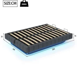 Lit Coffre 140x200 cm avec Sommier Relevable - Lit Double avec Rangement et Bande LED Intégrée - Tissu Gris - Sans Matelas><noscript><img width=