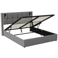 Simple Life Lit coffre 160x200 cm avec sommier à lattes, lit rembourré avec port USB et Type-C, LED, velours, gris* Lit Coffre