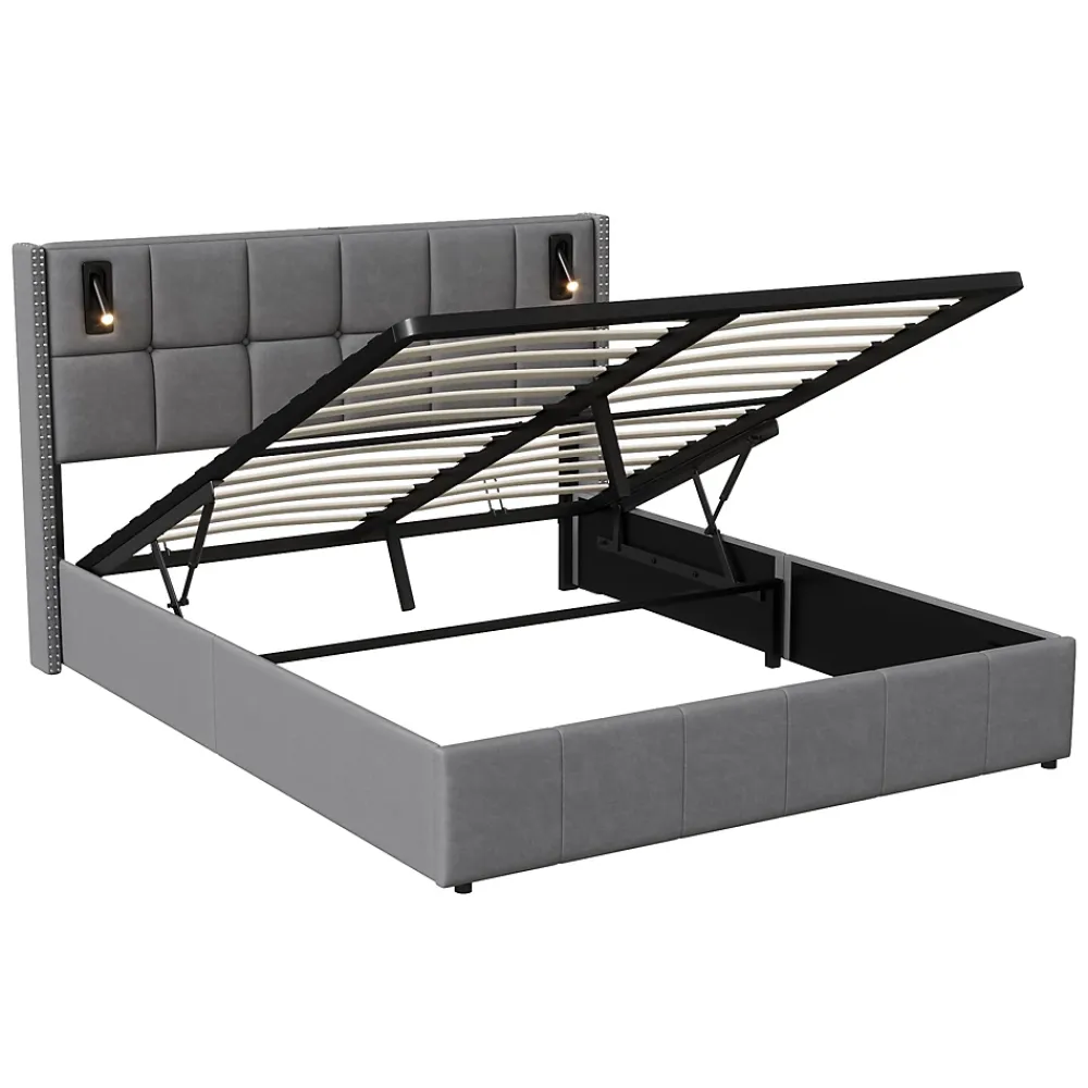Simple Life Lit coffre 160x200 cm avec sommier à lattes, lit rembourré avec port USB et Type-C, LED, velours, gris* Lit Coffre