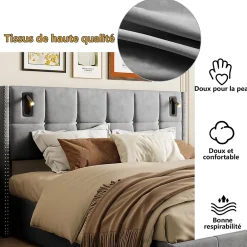 Simple Life Lit coffre 160x200 cm avec sommier à lattes, lit rembourré avec port USB et Type-C, LED, velours, gris* Lit Coffre