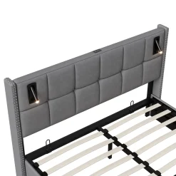 Simple Life Lit coffre 160x200 cm avec sommier à lattes, lit rembourré avec port USB et Type-C, LED, velours, gris* Lit Coffre