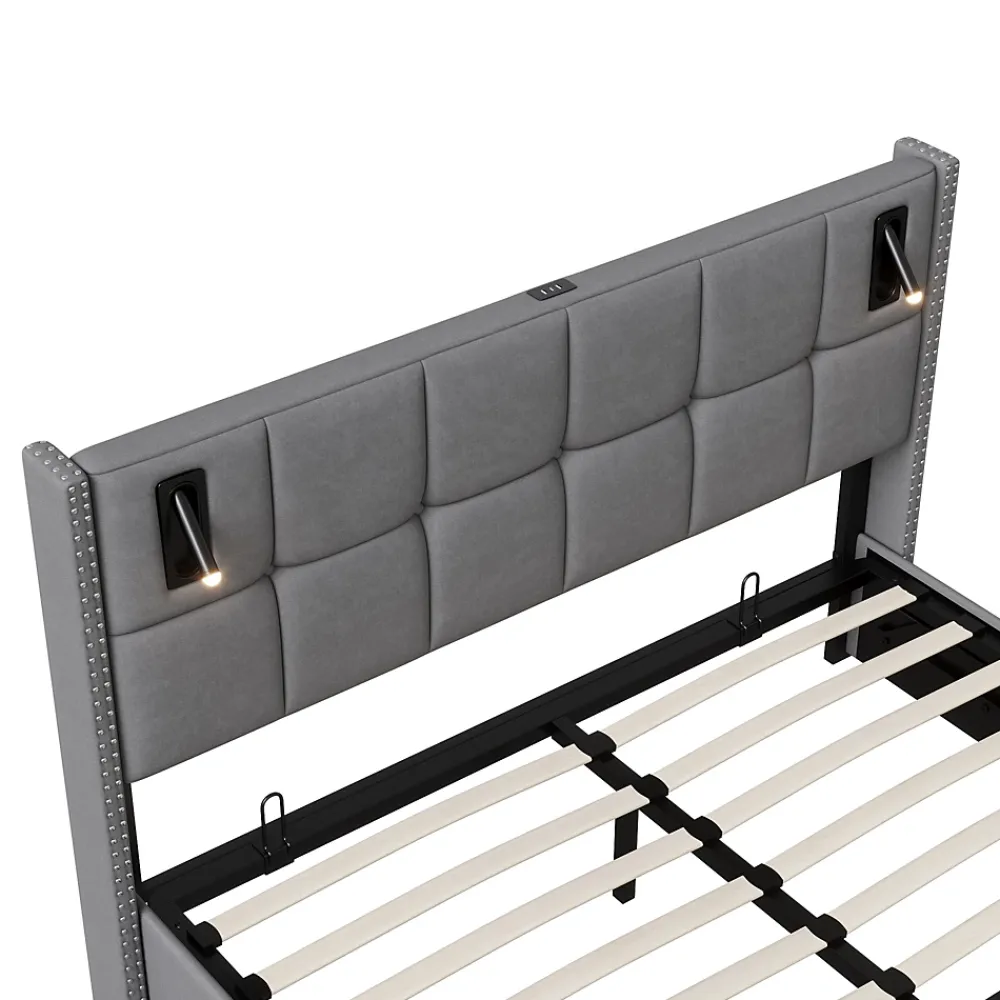 Simple Life Lit coffre 160x200 cm avec sommier à lattes, lit rembourré avec port USB et Type-C, LED, velours, gris* Lit Coffre