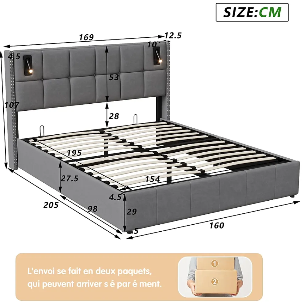 Simple Life Lit coffre 160x200 cm avec sommier à lattes, lit rembourré avec port USB et Type-C, LED, velours, gris* Lit Coffre