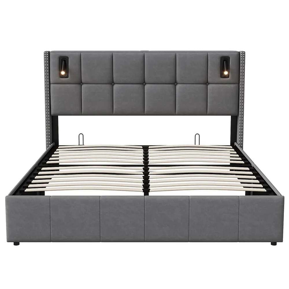 Simple Life Lit coffre 160x200 cm avec sommier à lattes, lit rembourré avec port USB et Type-C, LED, velours, gris* Lit Coffre