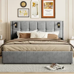 Simple Life Lit coffre 160x200 cm avec sommier à lattes, lit rembourré avec port USB et Type-C, LED, velours, gris* Lit Coffre