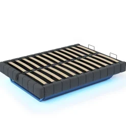 Okwish Lit Coffre 160x200 cm avec Sommier Relevable - Lit Double Tissu Gris avec Rangement et Bande LED Intégrée - Sans Matelas* Lit Coffre