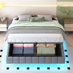 Okwish Lit Coffre 160x200 cm avec Sommier Relevable - Lit Double Tissu Gris avec Rangement et Bande LED Intégrée - Sans Matelas* Lit Coffre