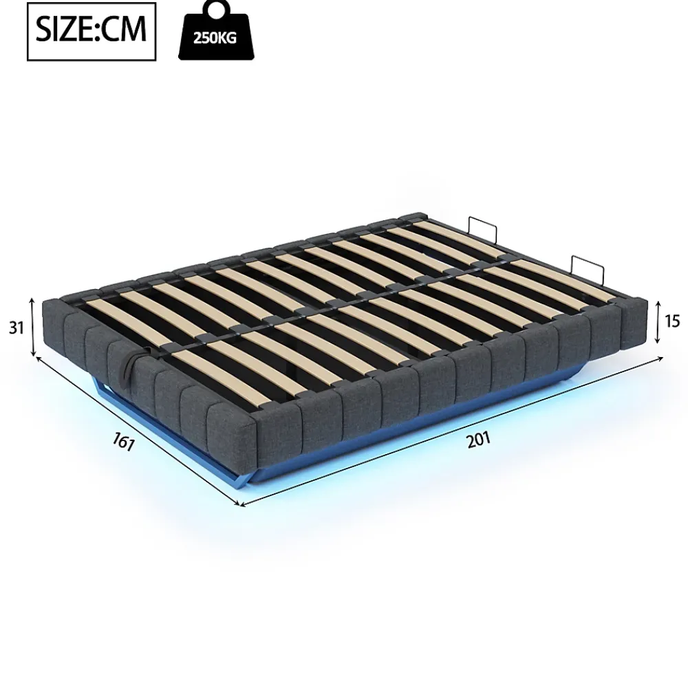 Okwish Lit Coffre 160x200 cm avec Sommier Relevable - Lit Double Tissu Gris avec Rangement et Bande LED Intégrée - Sans Matelas* Lit Coffre