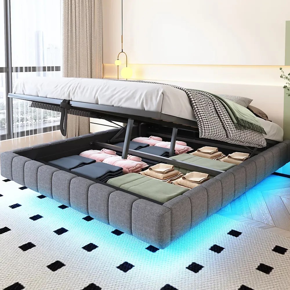 Okwish Lit Coffre 160x200 cm avec Sommier Relevable - Lit Double Tissu Gris avec Rangement et Bande LED Intégrée - Sans Matelas* Lit Coffre