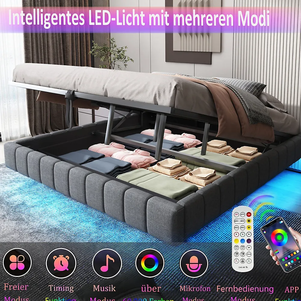 Okwish Lit Coffre 160x200 cm avec Sommier Relevable - Lit Double Tissu Gris avec Rangement et Bande LED Intégrée - Sans Matelas* Lit Coffre