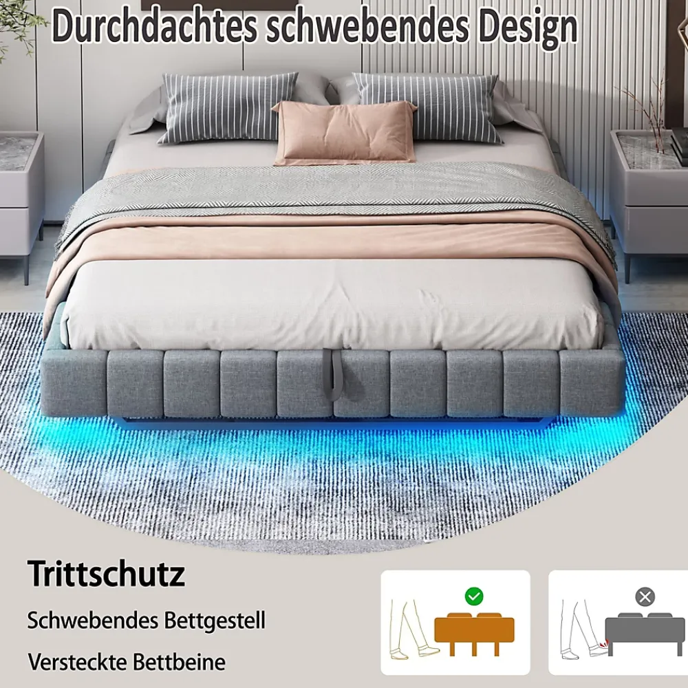 Okwish Lit Coffre 160x200 cm avec Sommier Relevable - Lit Double Tissu Gris avec Rangement et Bande LED Intégrée - Sans Matelas* Lit Coffre