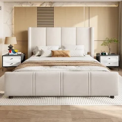 Lit coffre 140x200 cm avec tête de lit trapézoïdale, lit double éclairage LED, ports USB, 2 tiroirs, hauteur réglable, Beige>ProximaX New