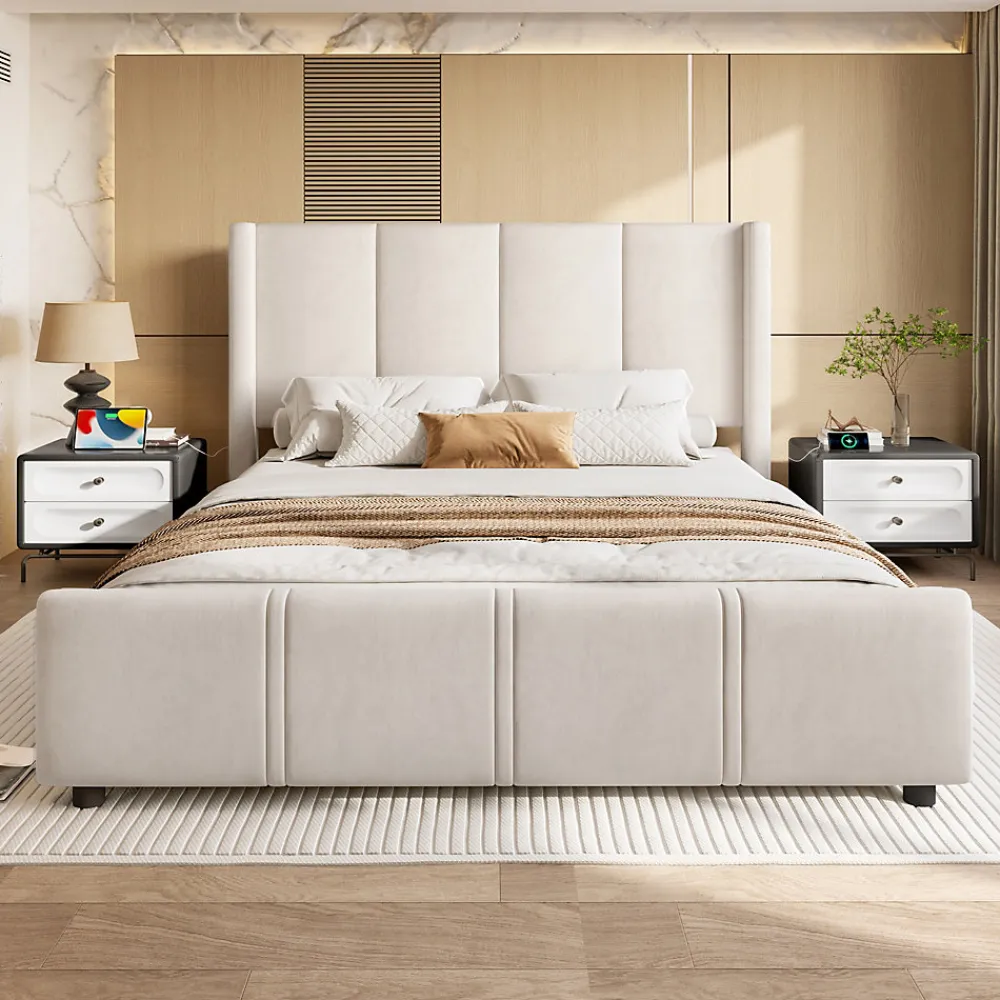 Lit coffre 140x200 cm avec tête de lit trapézoïdale, lit double éclairage LED, ports USB, 2 tiroirs, hauteur réglable, Beige>ProximaX New