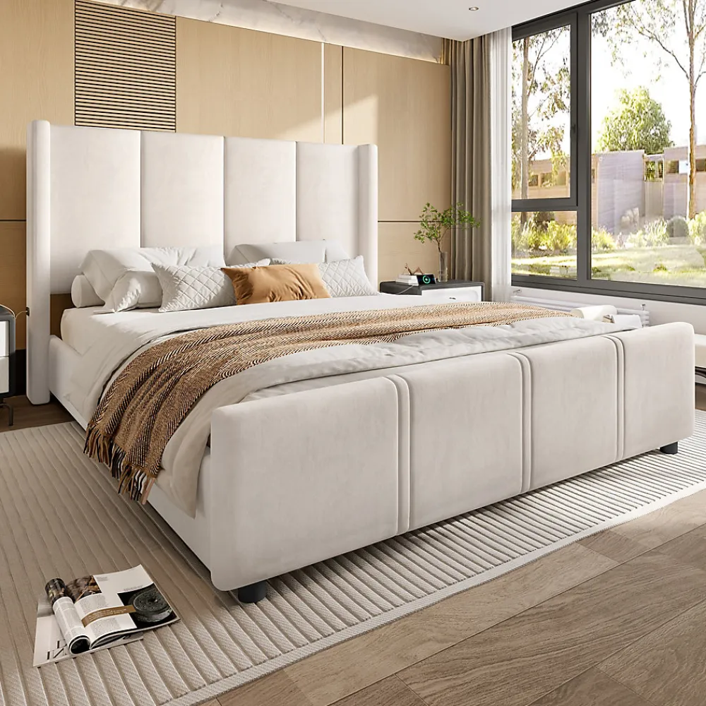 Lit coffre 140x200 cm avec tête de lit trapézoïdale, lit double éclairage LED, ports USB, 2 tiroirs, hauteur réglable, Beige>ProximaX New