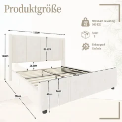 Lit coffre 140x200 cm avec tête de lit trapézoïdale, lit double éclairage LED, ports USB, 2 tiroirs, hauteur réglable, Beige><noscript><img width=